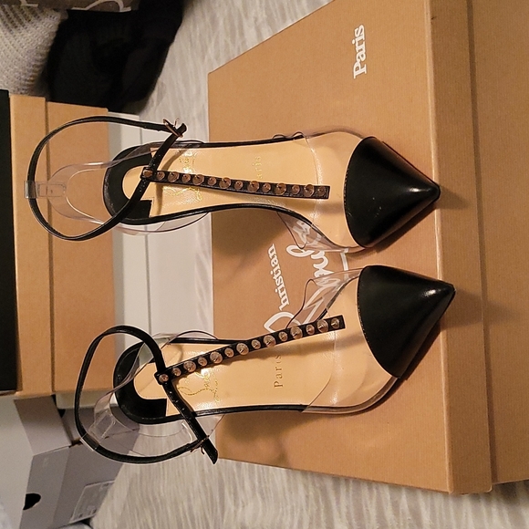 Christian Louboutin Nosy Spikes 100 KID/PVC VERS BLACK/GOLD/ROSE size 38 - Picture 2 of 7